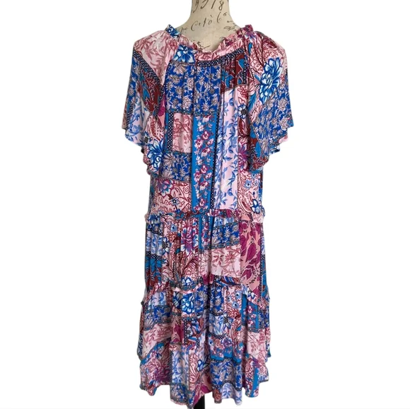 By Anthropologie Robin Tiered Mini Dress L Boho Floral Festival Flowy Patchwork - Picture 13 of 17